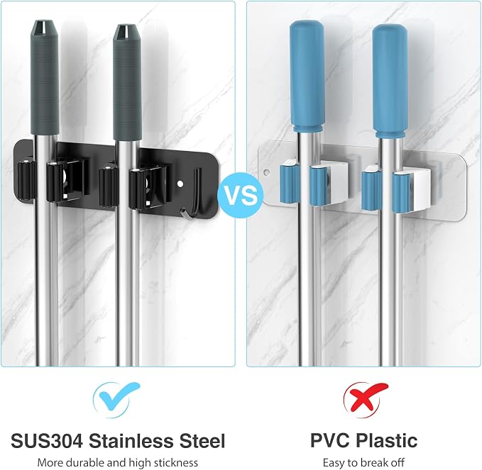 homeasy Wall Mount Mop and Broom Holder, Heavy Duty Stainless Steel Organizer - Image 2