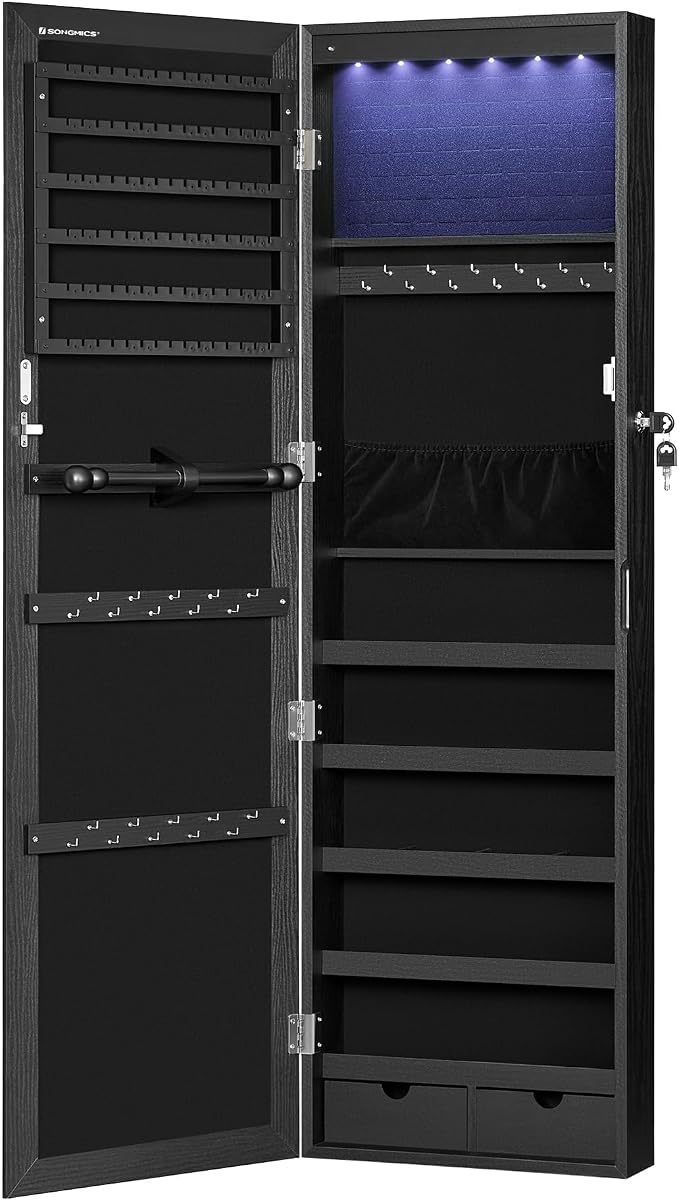 SONGMICS 6 LEDs Mirror Jewelry Cabinet, 47.2-Inch Tall Lockable Wall or Door - Image 8