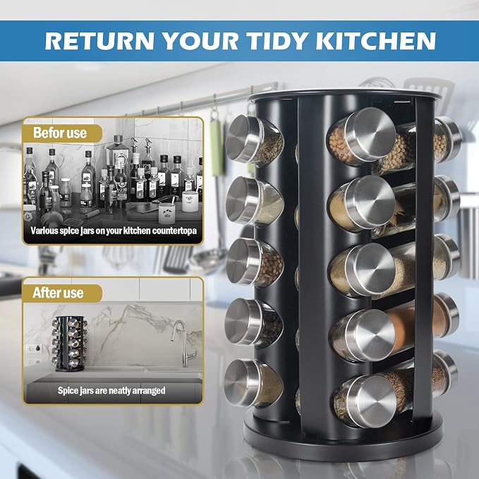 Tianifa Black Countertop Revolving Spice Rack, Empty 20-Jars Rotating Spice - Image 3