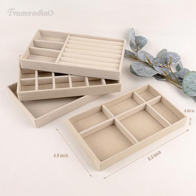 Framendino, 4 Pack Beige Velvet Jewelry Trays Stackable Organizer Drawer - Image 2