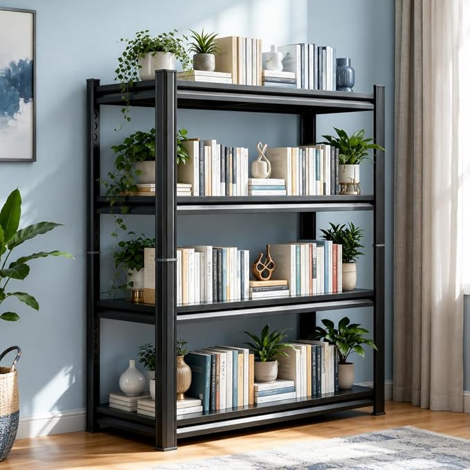 Bolt-Free 4 Tier Metal Bookshelf, 45.5"W Adjustable Tall Bookcase, 1800LBS by BezunyHeavyDutyShelving