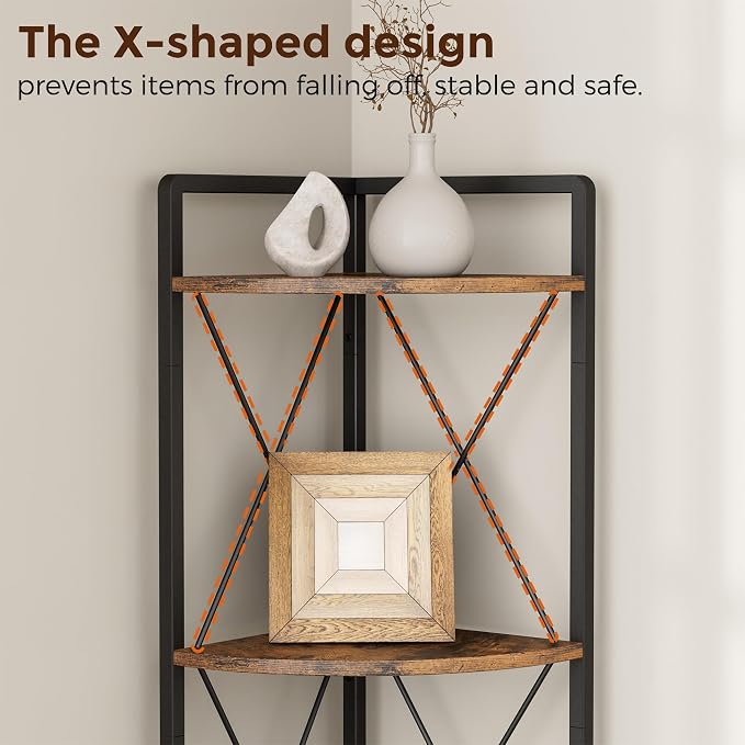 5 Tier Corner Shelf Stand, Rustic Brown | Industrial Metal Corner Shelf - Image 5