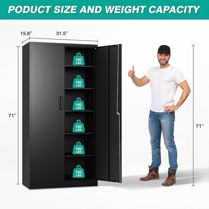 Metal Storage Cabinet with 2 Doors and 6 Shelves, Locking File Cabinet - Image 3