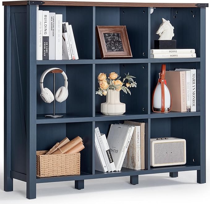 9 Cube Bookcase, Farmhouse 47 Inch Wide Navy Blue Bookshelf, Wooden 3 Tier by Joaxswe