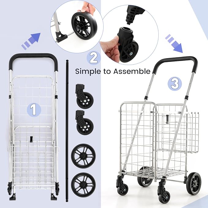 Goplus Folding Shopping Utility Cart, Double Basket and 360° Swivel Wheels - Image 5