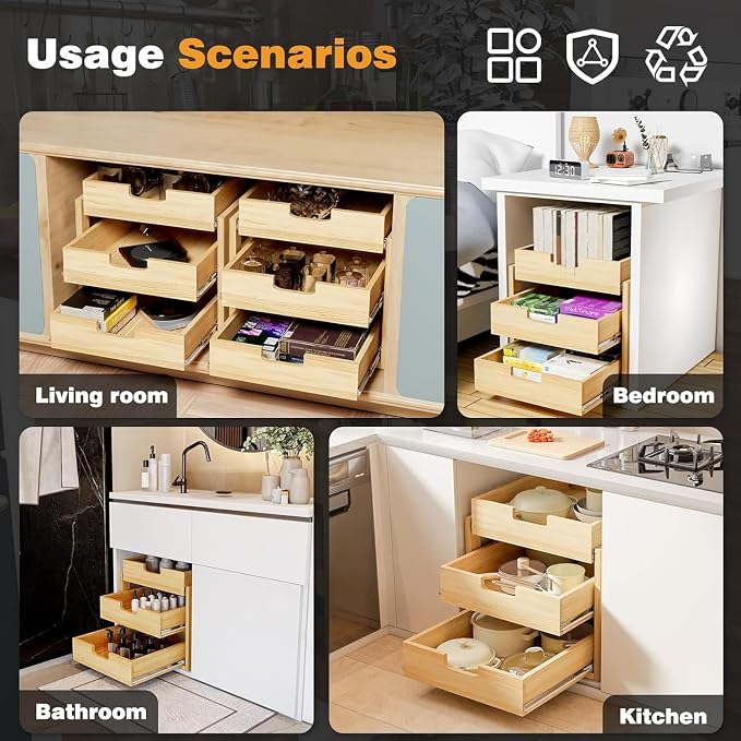 Pull Out Cabinet Organizer, 3 Tier Soft Close Slide Out Wooden Pull out Drawers - Image 7