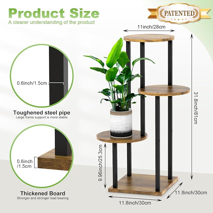 4 Tier Wood Tall Plant Stand Metal Rack Indoor, Round Planter Shelf Display - Image 2