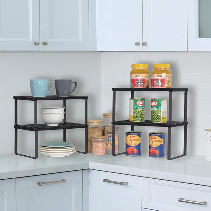 CADUKE Set of 4 Kitchen Counter Shelves Stackable Shelf Organizer Wood - Image 4