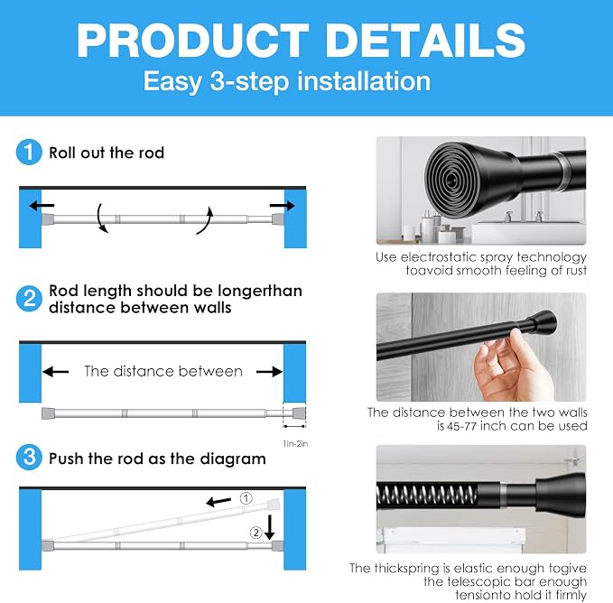 2 Pack Spring Tension Rod, Adjustable 45-77 Inch No Drill, Fits Windows Kitchen - Image 7