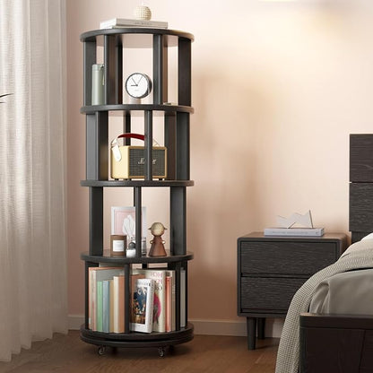 Solid Wood Rotating Bookshelf on Wheels, 4 Tier, Round Revolving Bookcase - Image 8