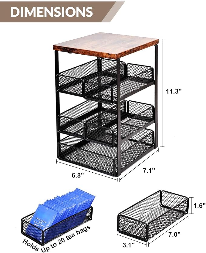 Tea Bag Organizer with 5 Drawers, Wooden & Metal Tea Storage Organizer - Image 4