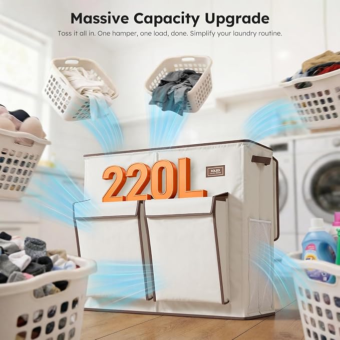 SOLEDI 220L Laundry Hamper 3 Section, Extra Large Laundry Basket - Image 3
