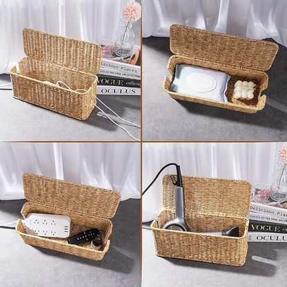 Cable Management Box, Handmade Rattan Cable Organizer, 2 Open Slots Cords Hider - Image 6