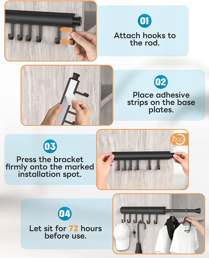 Pull Out Valet Rod, 12 Inches, 6 Hooks | Hidden Screw Design - Image 7
