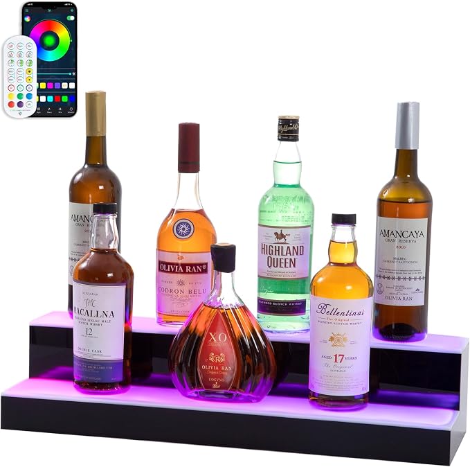Led Lighted Liquor Bottle Display Shelf, 24 Inch 2 Tier Whiskey Rack, Support by LEEKIMID