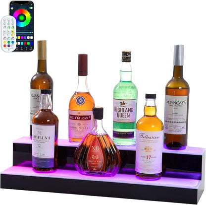 Led Lighted Liquor Bottle Display Shelf, 24 Inch 2 Tier Whiskey Rack, Support by LEEKIMID