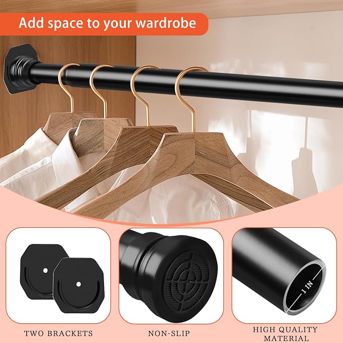 No Drilling Closet Rods for Hanging Clothes, Adjustable 30-88 in | Black - Image 3