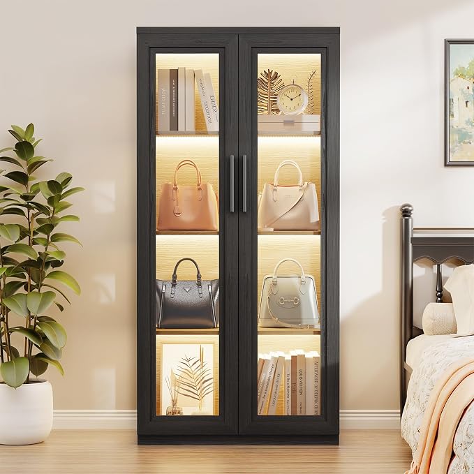 Curio Cabinet with Glass Doors, Bookcase with 4 Shelves, Display Cabinets - Image 8