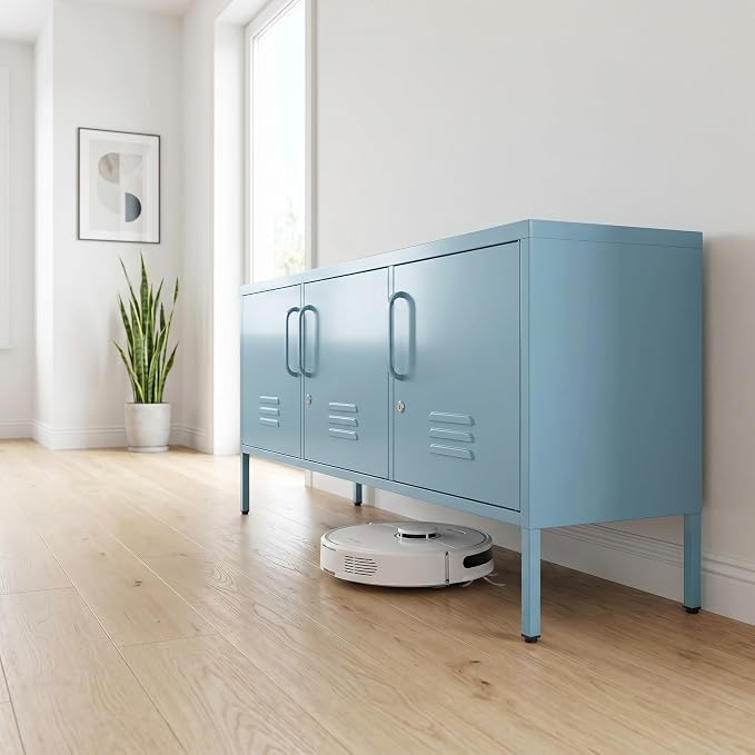Lockable 3-Door Ocean Blue Metal TV Cabinet, Industrial Low Profile Steel Media - Image 7