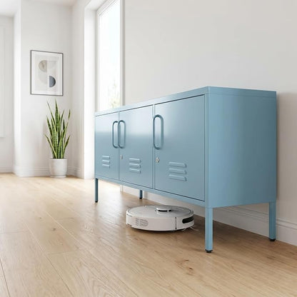 Lockable 3-Door Ocean Blue Metal TV Cabinet, Industrial Low Profile Steel Media - Image 7