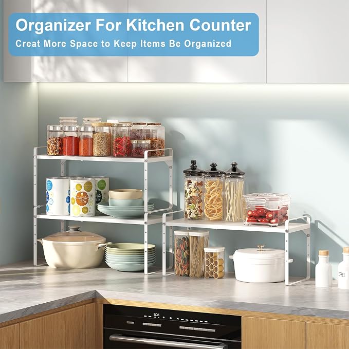 Set of 2 Expandable Cabinet Shelf Organizer, Stackable Kitchen Countertop - Image 8