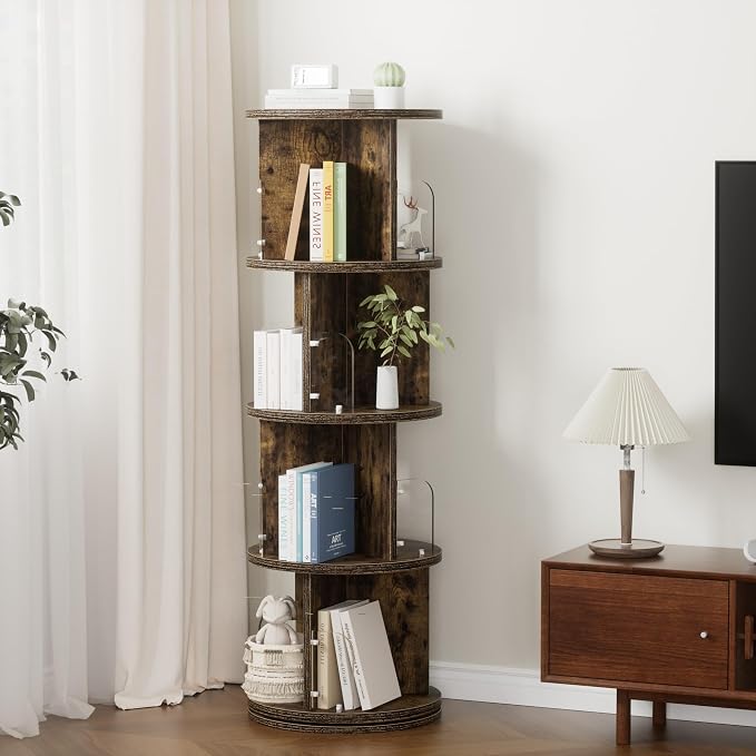 VECELO Rotating Bookshelf Tower, 360°Revolving Bookcase, Round Book Shelf - Image 8
