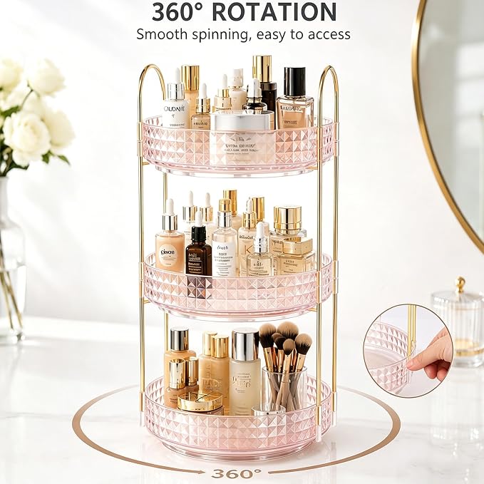 Fangoo 3 Tiers Pink Rotating Makeup Organizer - Image 4