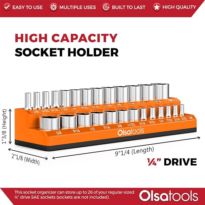 Olsa Tools Magnetic Socket Organizer | 1/4-inch Drive | SAE Orange | Holds 26 - Image 3