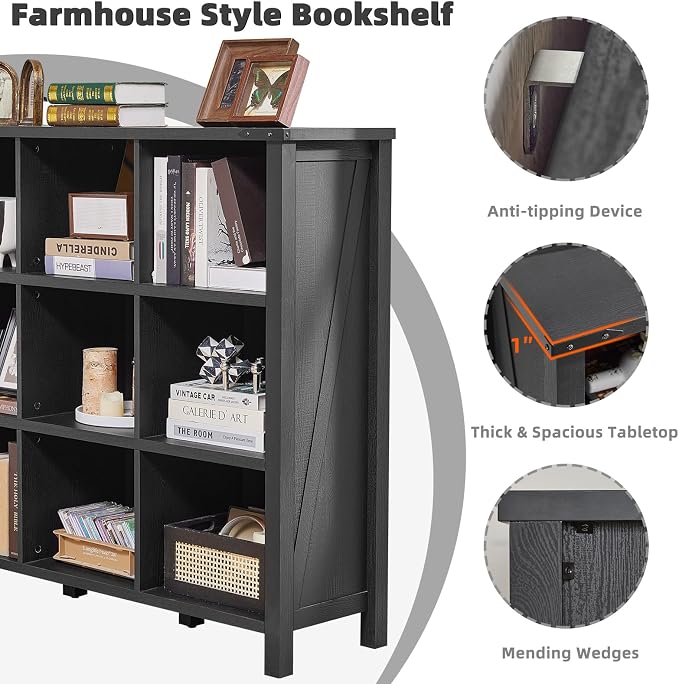 9 Cube Bookcase, Farmhouse 47 Inch Wide Black Bookshelf, Wooden 3 Tier Display - Image 4