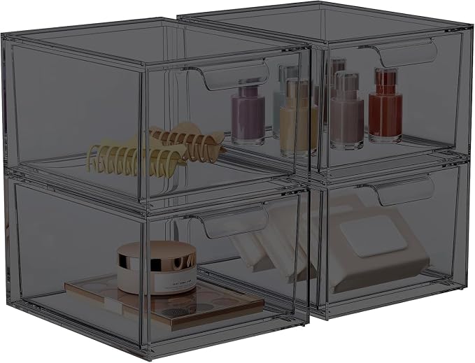 4 Pack Stackable Acrylic Makeup Organizer, Smoke Black Storage Drawers | Clear by SpaceHacks
