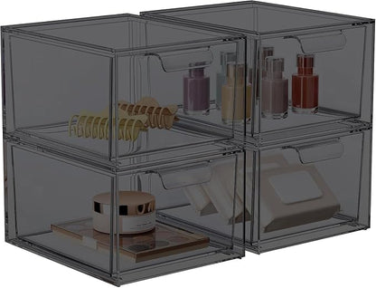 4 Pack Stackable Acrylic Makeup Organizer, Smoke Black Storage Drawers | Clear by SpaceHacks
