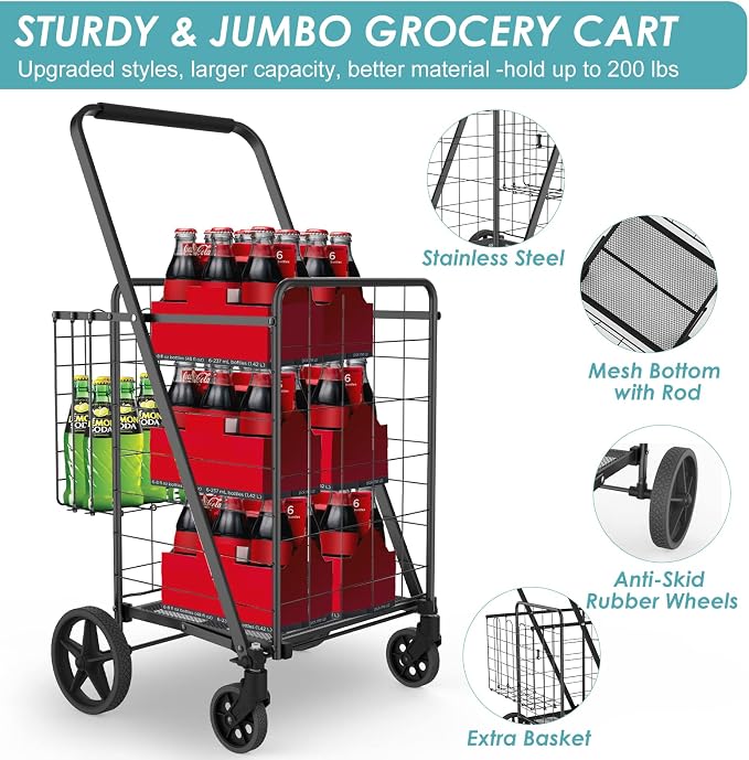 Upgraded Shopping Cart for Groceries, 330LBS Jumbo Grocery Cart | Waterproof - Image 8