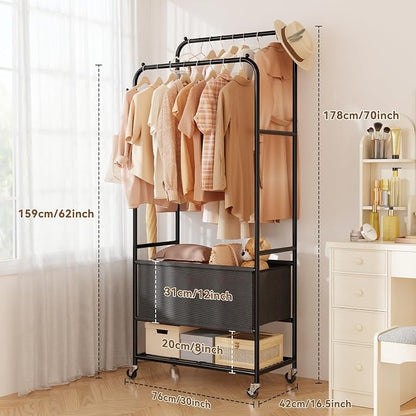Laundry Cart with Wheels and Hanging Rack, Heavy Duty Rolling Clothes Rack with - Image 2