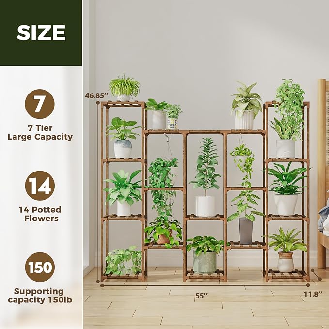 Bamworld Large Hanging Plant Stand Indoor Tall Plant Shelf Outdoor 14 Pots - Image 6