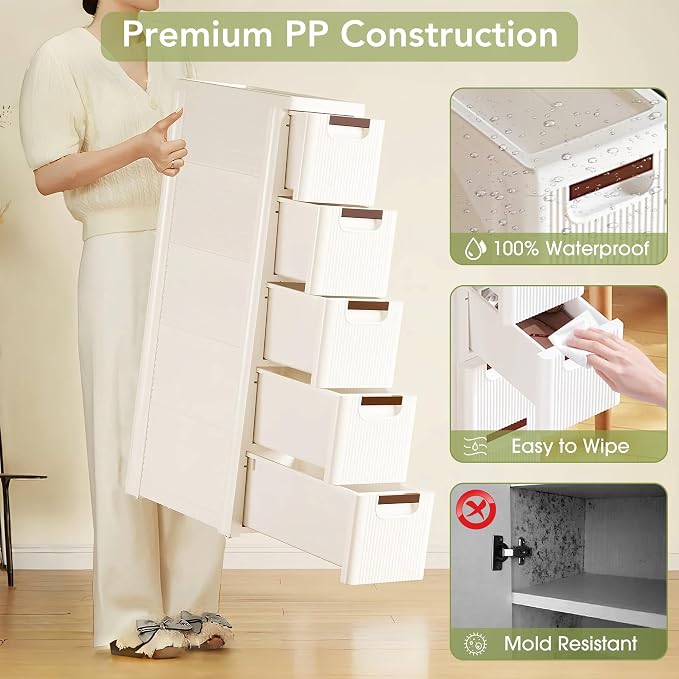 5 Drawers Narrow Bathroom Storage Cabinet, Slim Storage Cabinet, Plastic Slim - Image 4