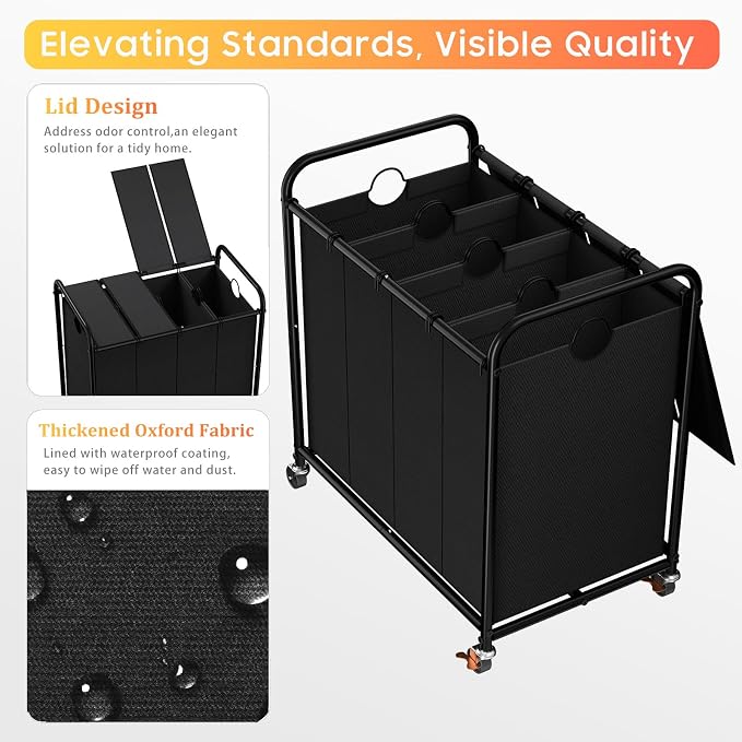 Laundry Sorter 4 Sections 48 Gal, Rolling Laundry Basket - Image 4