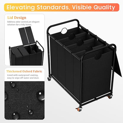 Laundry Sorter 4 Sections 48 Gal, Rolling Laundry Basket - Image 4