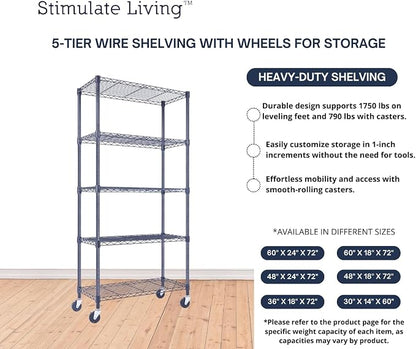 30"x14"x60" PRIME HEAVY DUTY Black 5-Tier Wire Shelving 1, 750 LBS MAX Capacity - Image 6