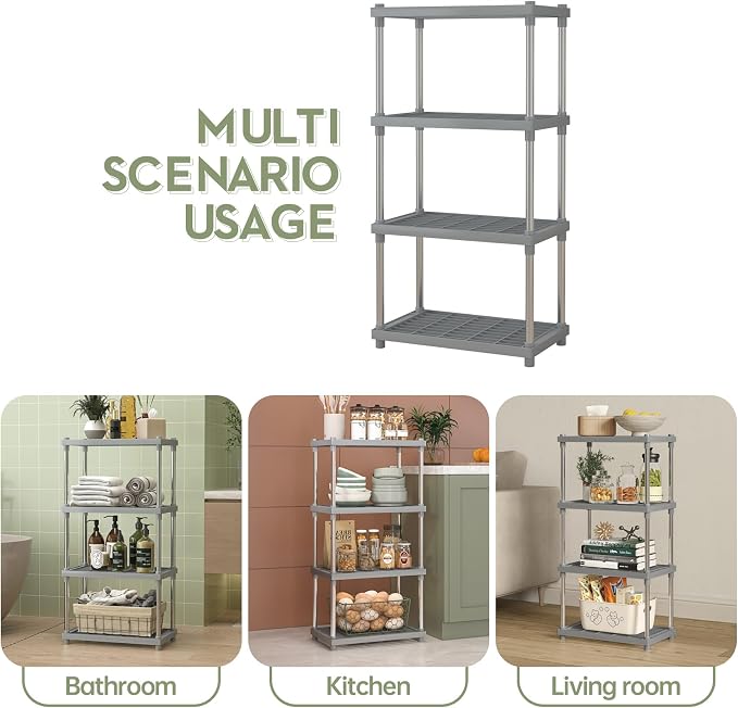 4 Tier Gray Plastic and Metal Standing Shelf Units, Durable Storage Shelves - Image 7