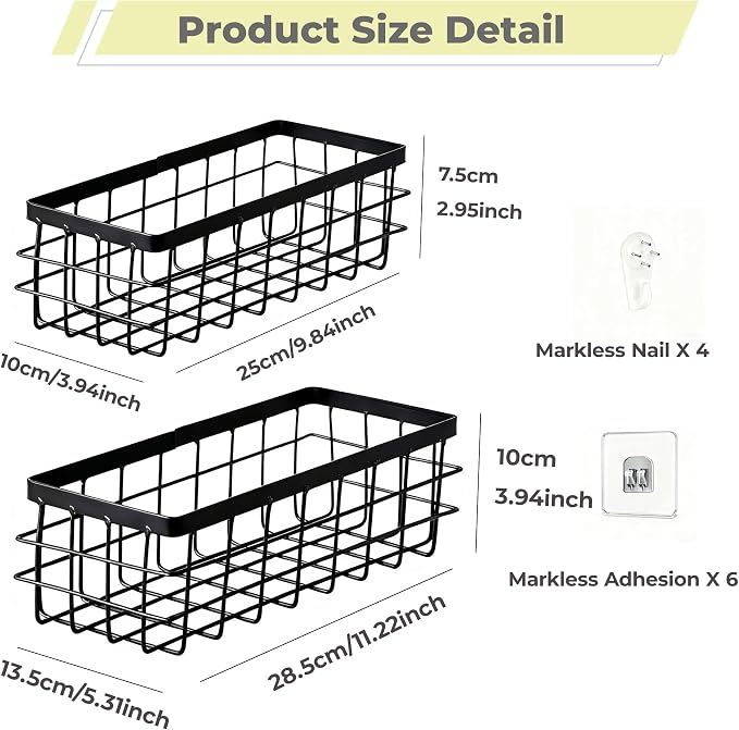 2PCS Adhesive Metal Wire Wall Storage Organizer Hanging Baskets Black M+L | - Image 4