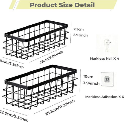 2PCS Adhesive Metal Wire Wall Storage Organizer Hanging Baskets Black M+L | - Image 4