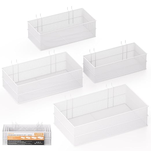 INCLY 4 Pack Upgrade Pegboard Baskets, 4 Sizes Square Metal Mesh Basket | Peg by INCLY