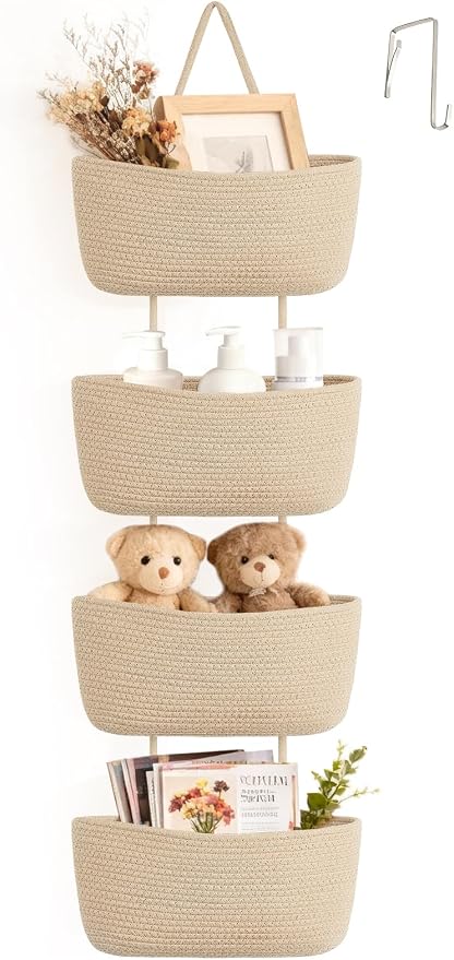 Dahey Over The Door Hanging Basket Storage 4-Tier Woven Wall Basket, Jute | by Dahey