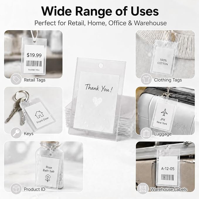 100 Pcs Clear Plastic Labels Tag Holders 3.5x8.5 cm Waterproof Hang Tags - Image 6