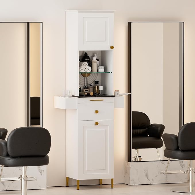 Salon Stations for Hair Stylist, Barber Station w/Glass Shelf & Golden Handles - Image 9