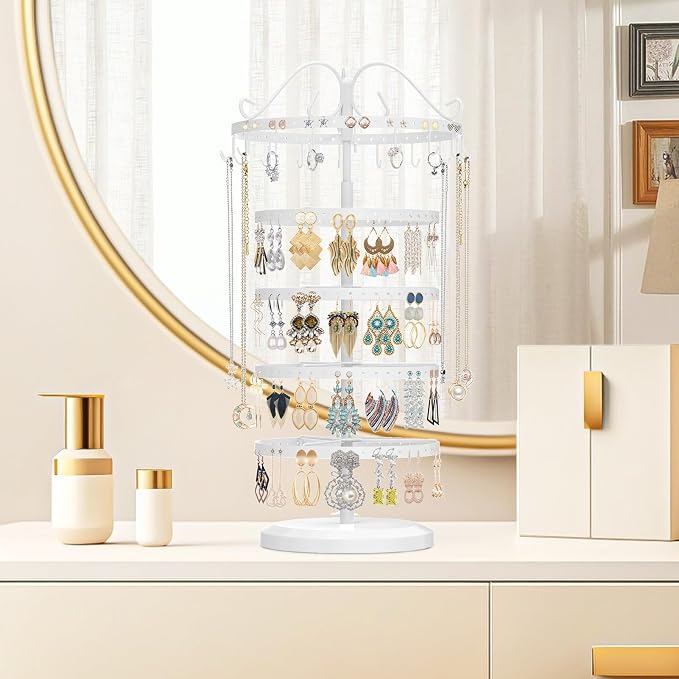 MODOWEY Rotating Jewelry Holder Organizer Stand, 5 Tier Metal Adjustable - Image 7