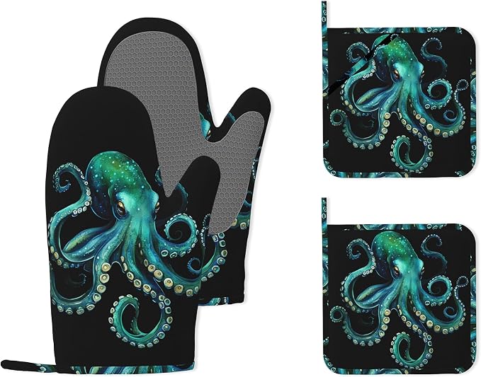 Octopus Silicone Oven Mitts and Pot Holders, Heat-Resistant 4 Piece Kitchen Set by Unknown
