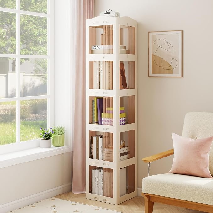 Giantex Foldable Rotating Bookshelf, 5-Tier Spinning Bookcase w/Swivel Base - Image 2