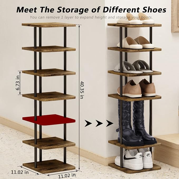 AZERPIAN Shoe Rack 7 Tier Vertical Storage Organizer Narrow Metal Slim Shelf - Image 3