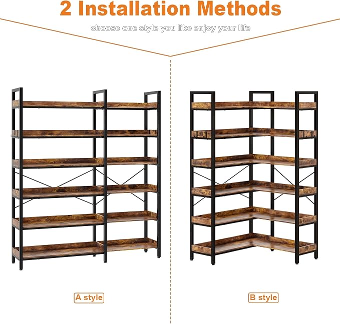 KOUSEI 6-Tier L-Shaped Reversible Corner Bookshelf, Wide Open Shelves + 4 Hooks - Image 9